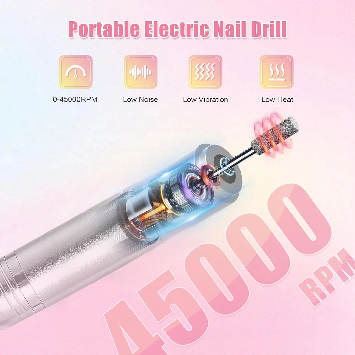 Original 45000RPM Professional Rechargeable Electric Nail Drill Machine Portable Cordless Nail File For Acrylic Gel Nails Remove