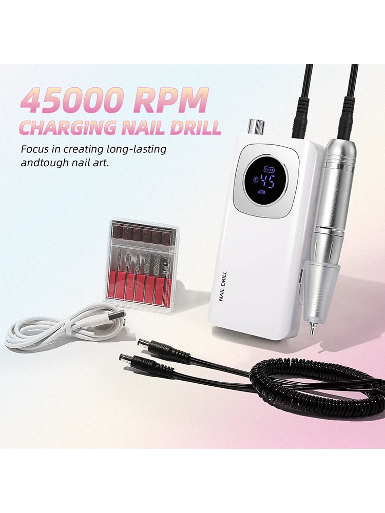 Original 45000RPM Professional Rechargeable Electric Nail Drill Machine Portable Cordless Nail File For Acrylic Gel Nails Remove