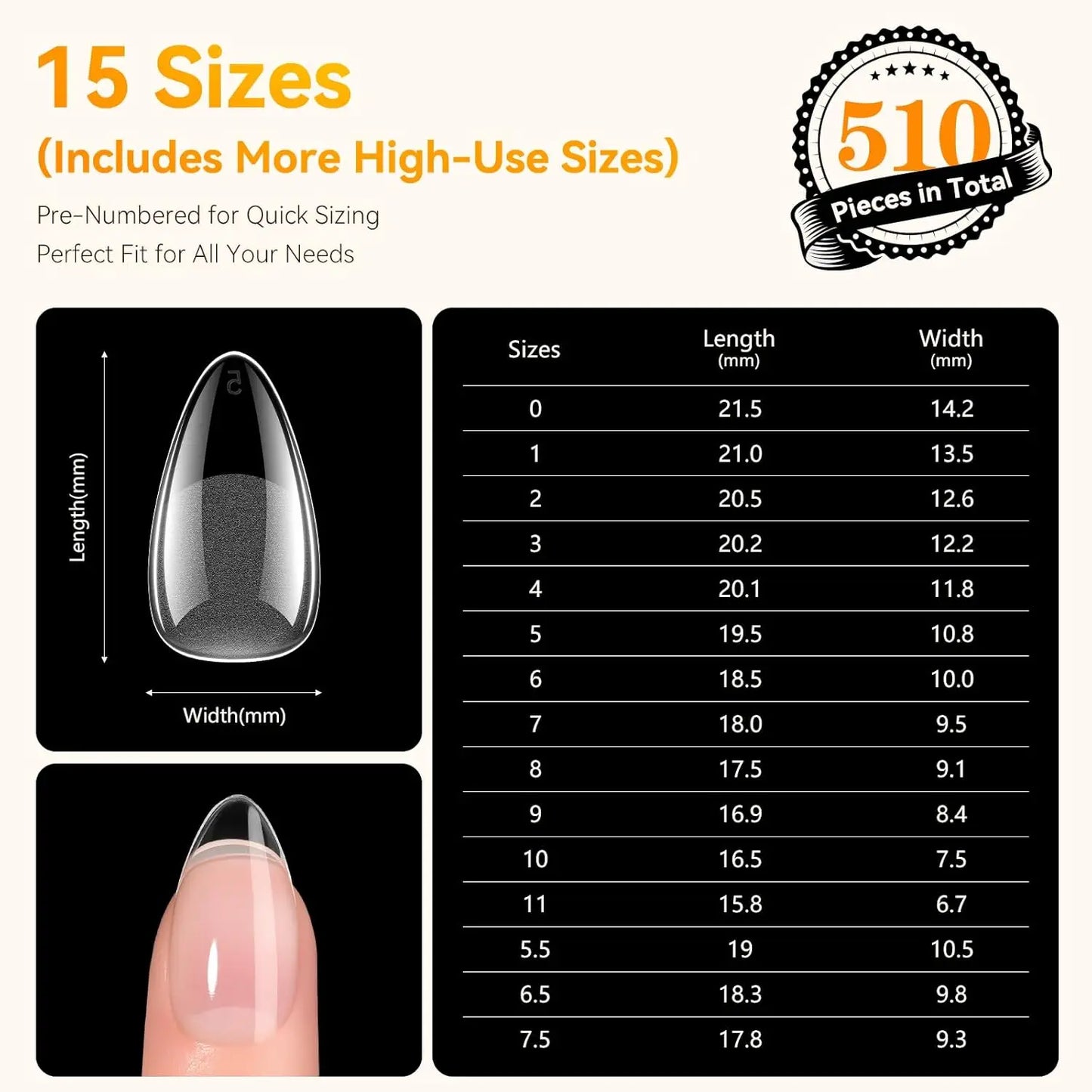 Short Almond Nail Tips: Makartt 510 PCS Half Matte Full Cover Gel Tips 15 Size Clear Acrylic Press Ons Nails for DIY Extension
