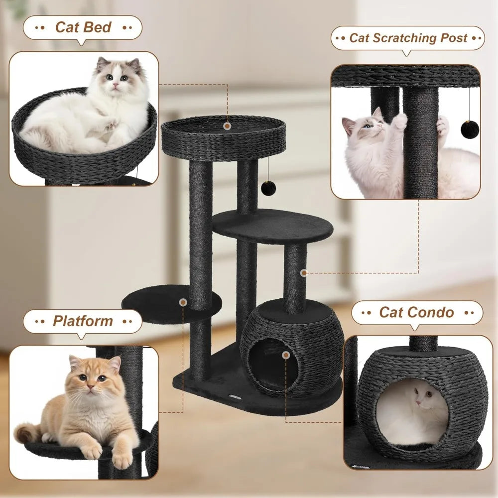 Modern Cat Tree 39 Inch Tall Black Cat Tree for Kittens Climb Play and Rest Indoor Cat Trees with Natural Sisal Scratching Post