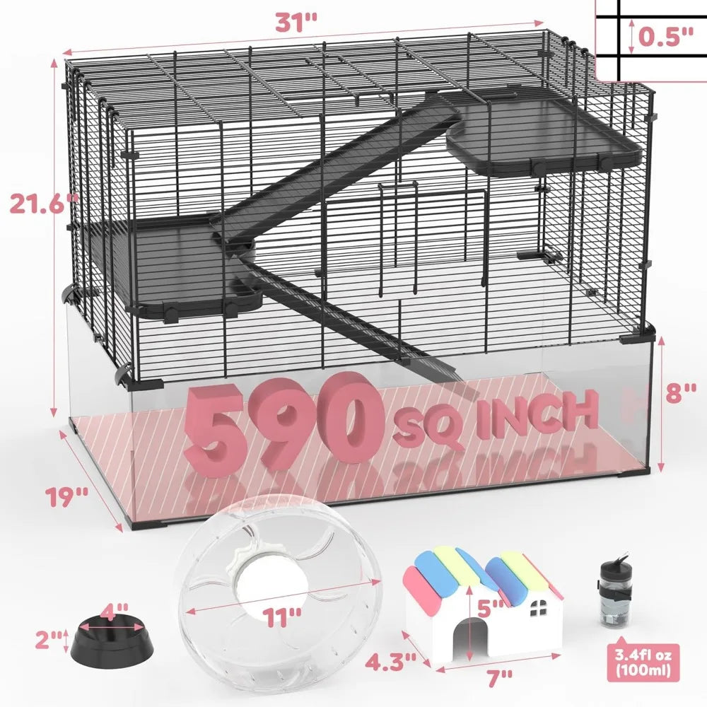 3 Tier Glass Hamster Tank Large Habitat 11In Running Wheel