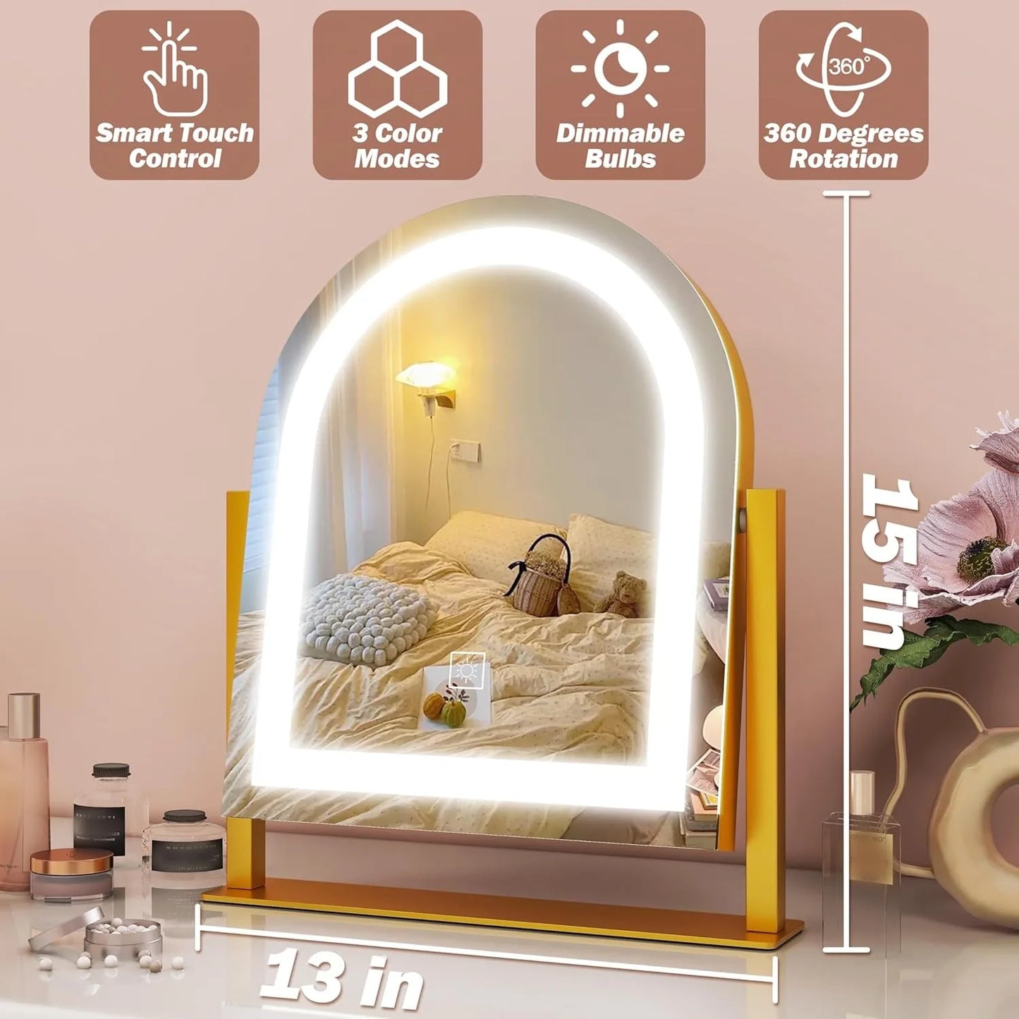 Large makeup mirror with light -15.5 "x13", with light, magnified 10x, touch screen with tri color illumination,(gold)