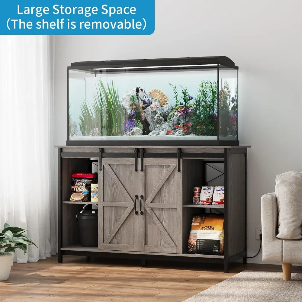Farmhouse 55-75 Gallon Fish Tank Stand with Power Outlet, Aquarium Stand with Storage Cabinet and Sliding Barn Door, Heavy Duty