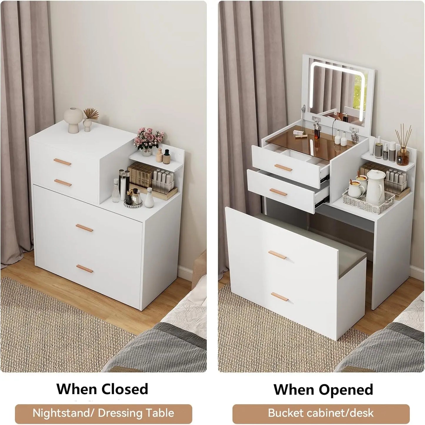 Vanity Desk with Flip Top Mirror and Lights White 3 in 1 Night Stand Make up Vanities Set for Women Dressing Table for Bedroom