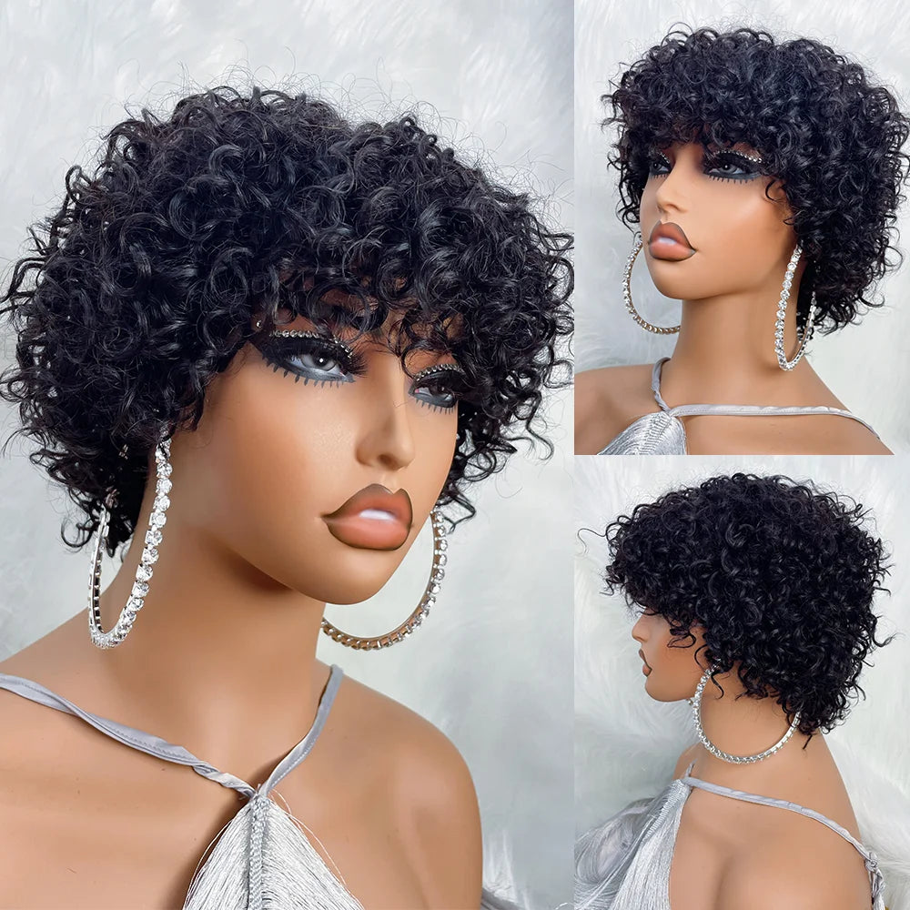Pixie Cut Human Hair Wig For Black Women With Bangs