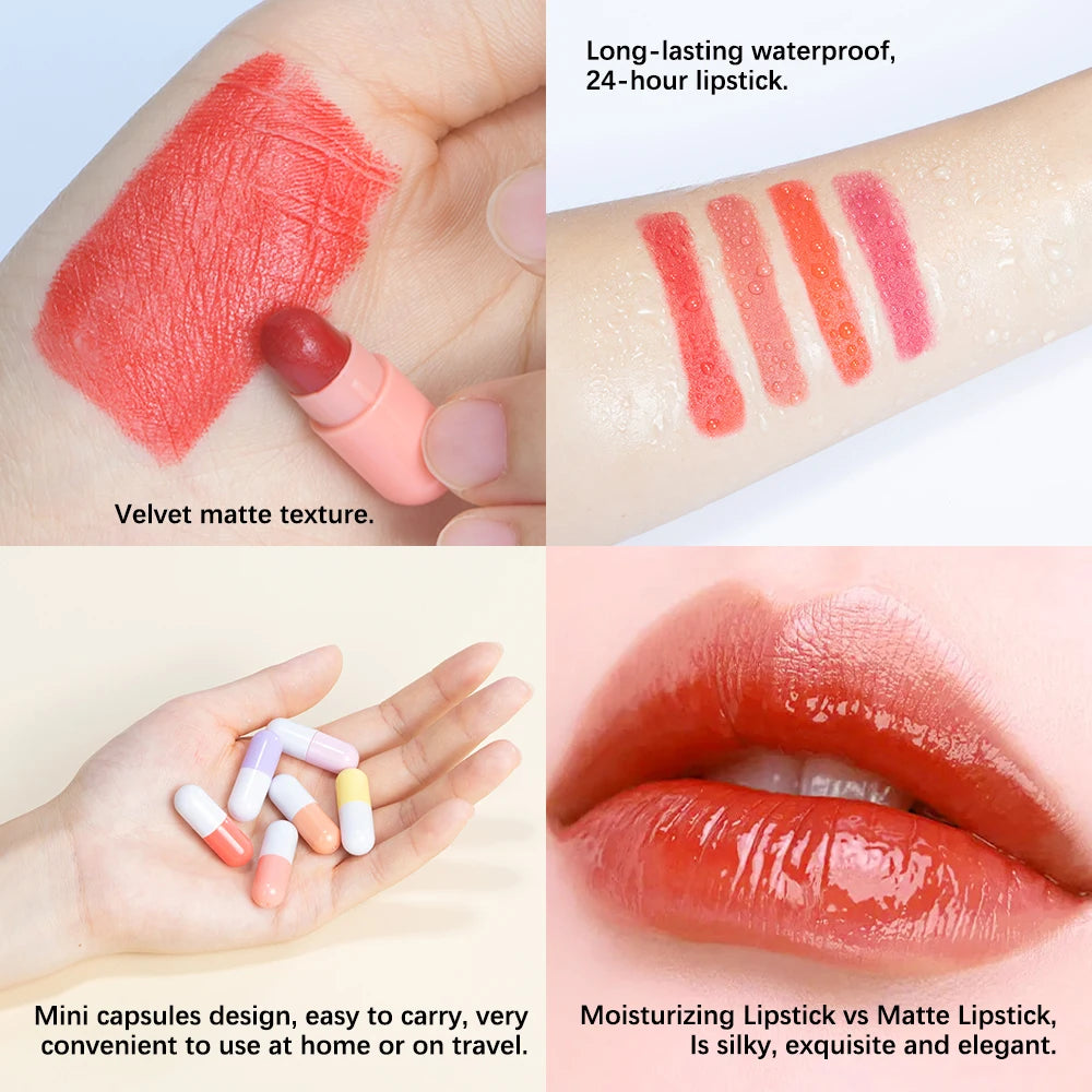 6pcs Mini Cute Capsule Lipstick Set with Lip Balm Moisturizing Waterproof Non-stick Cup Carry Pill Lipstick Lips Makeup Gift
