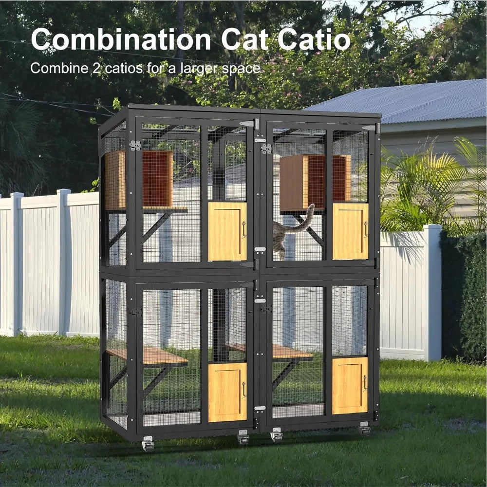 Cat Catio Outdoor Enclosure, 4 Tiers Cat Playen Catio with Wheels, Resting Box, Sunshine Panel Waterproof Roof, Large Pet House