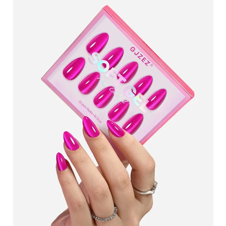 Hot Pink Press on Nails Cateye Soft Gel Cat Eye Stick on Nails Short Almond Press Ons Bright Neon Pink Salon Grade Fake Nails f