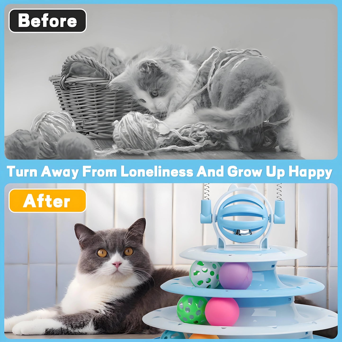 Interactive Cat Toy Puzzle Ball with 2 Teaser Wands | Mental Stimulation for Indoor Cats & Kittens | No Batteries Needed