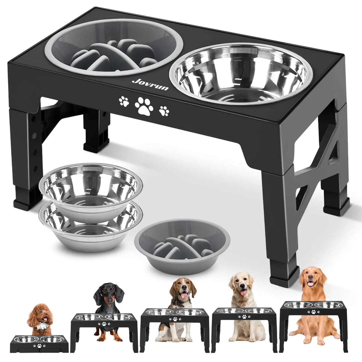 Adjustable Elevated Dog Bowl Stand with Three Stainless Steel Bowls Slow Feeder Non Slip Feet Dishwasher Safe for Medium Large Dogs
