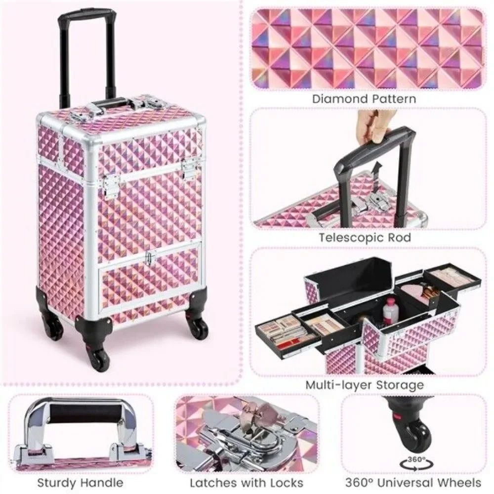 Rolling Makeup Case Large Professional Aluminum Cosmetic with Drawer&Wheels