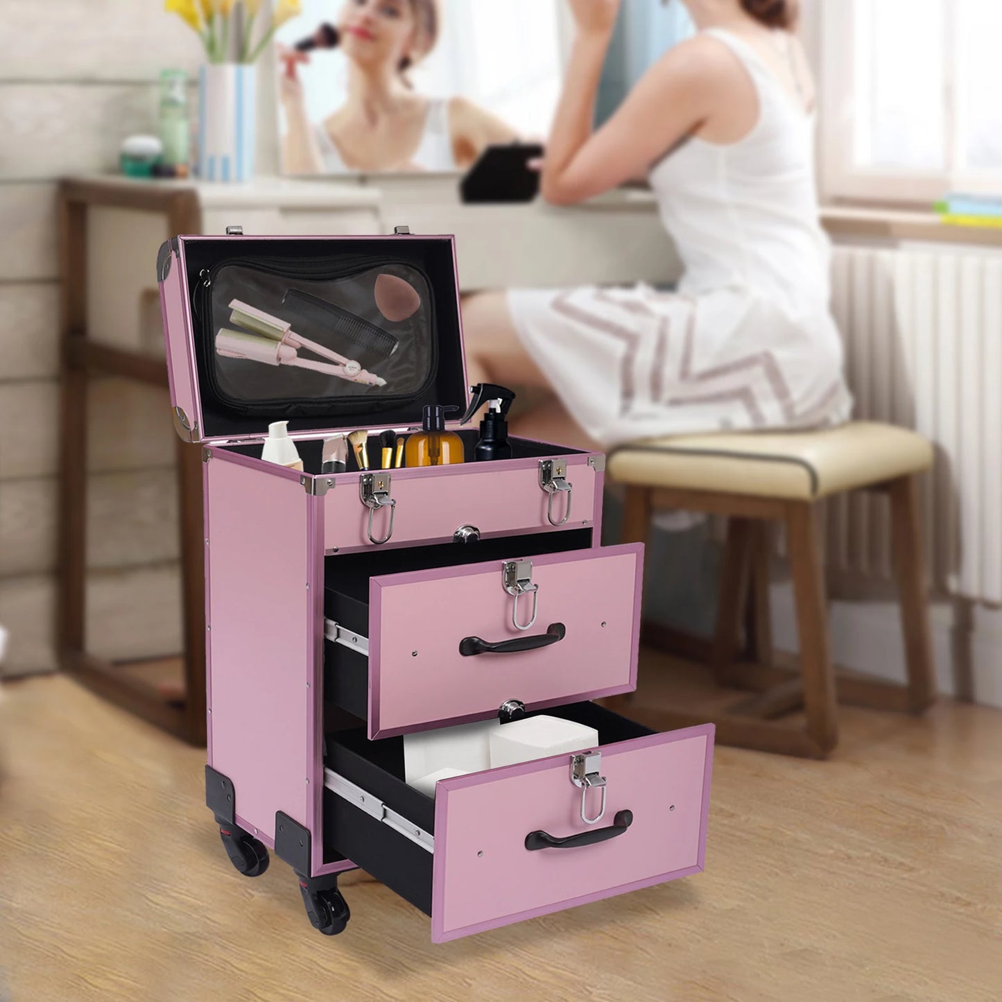 Professional Makeup Rolling Train Case, 3-Layer Portable Cosmetics Organizer with 40 Compartments & Wheels - 110LBS Capacity