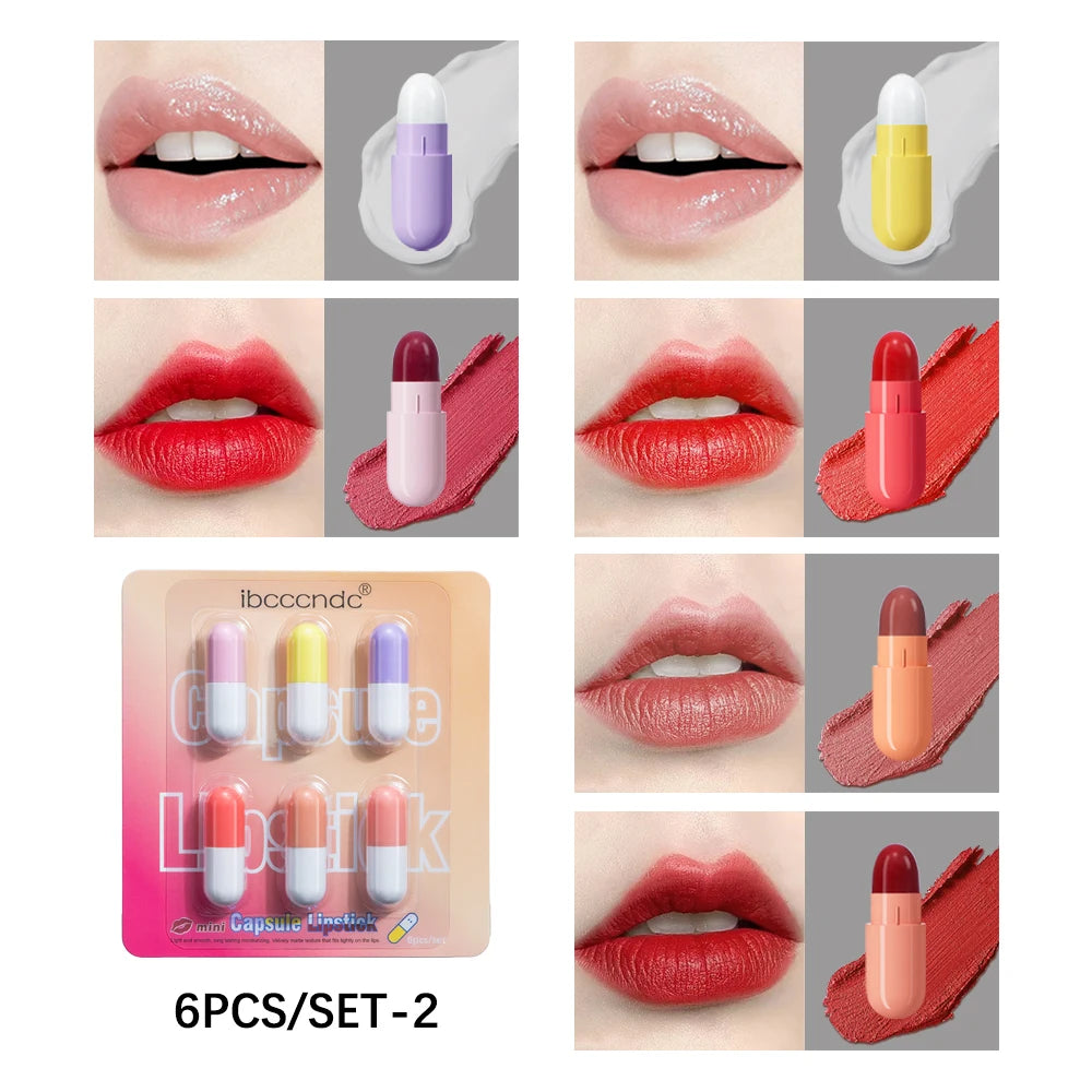 6pcs Mini Cute Capsule Lipstick Set with Lip Balm Moisturizing Waterproof Non-stick Cup Carry Pill Lipstick Lips Makeup Gift