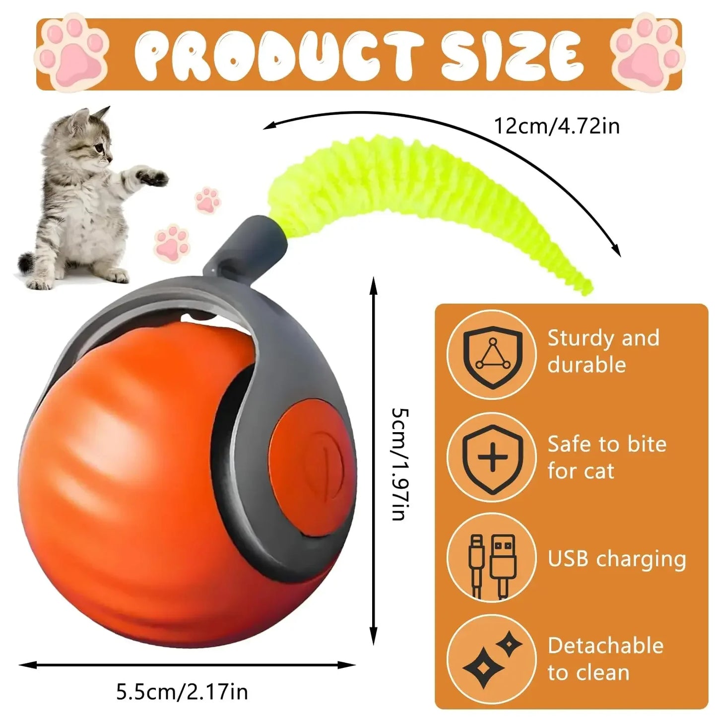 Cat Toy, Speedy Tail Cat Toy, Interactive Cat Ball Toy, Smart Cat Toys Ball, Two Speed Adjustment, with Tail