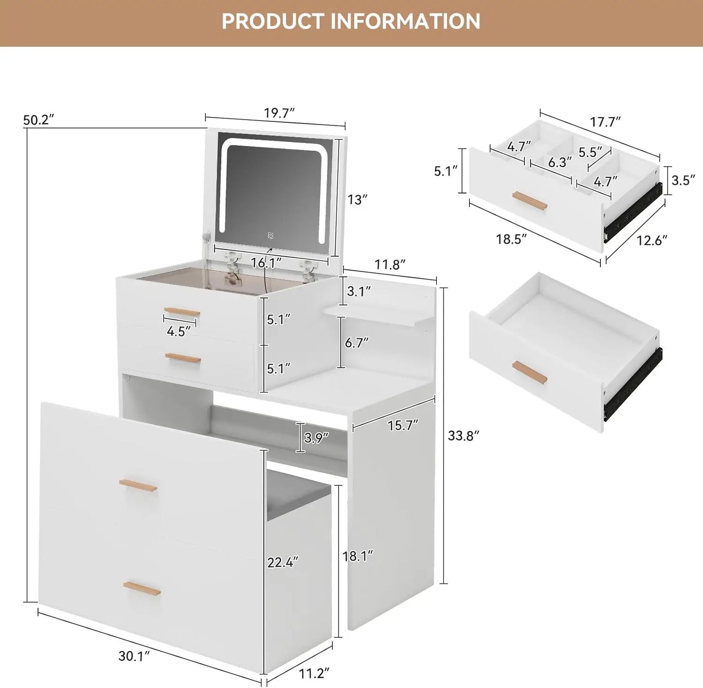Vanity Desk with Flip Top Mirror and Lights White 3 in 1 Night Stand Make up Vanities Set for Women Dressing Table for Bedroom