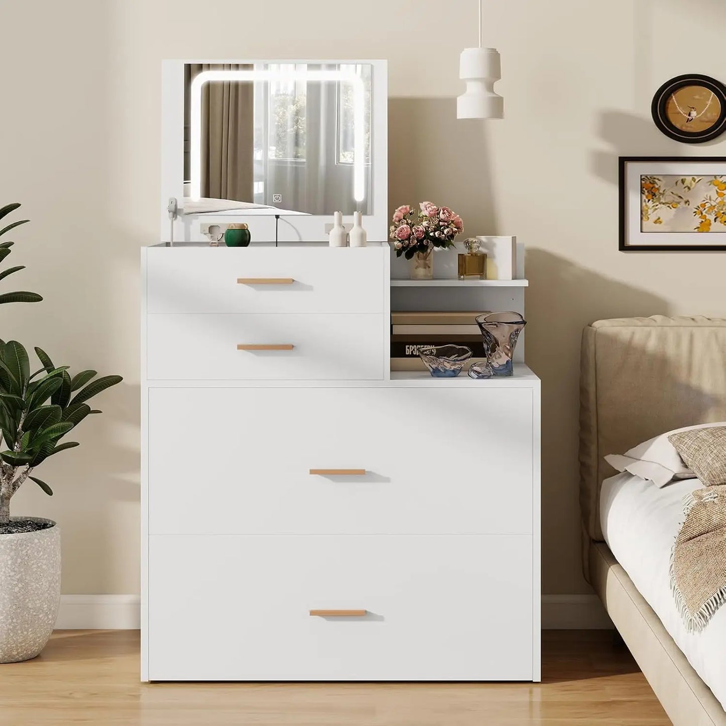 Vanity Desk with Flip Top Mirror and Lights White 3 in 1 Night Stand Make up Vanities Set for Women Dressing Table for Bedroom
