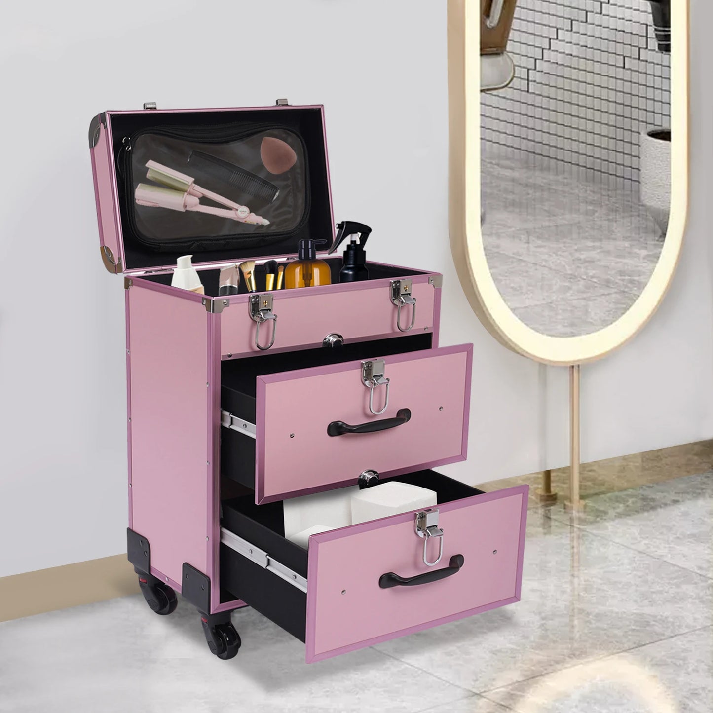 Professional Makeup Rolling Train Case, 3-Layer Portable Cosmetics Organizer with 40 Compartments & Wheels - 110LBS Capacity