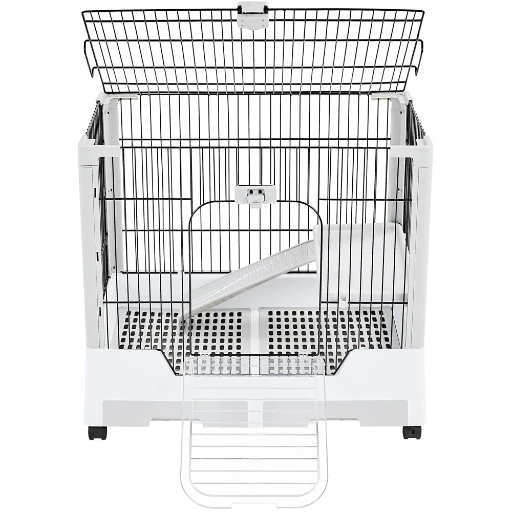 Two Level Rolling Rabbit Cage Small Animal Habitat with Ramp and Platform Easy Clean Swivel Wheels Indoor Use