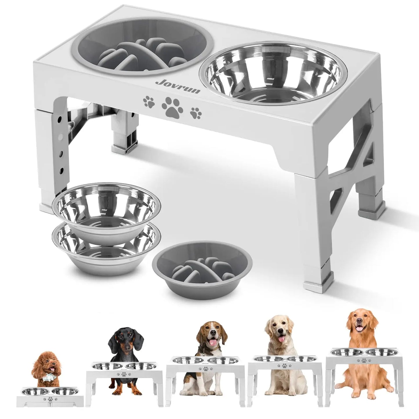 Adjustable Elevated Dog Bowl Stand with Three Stainless Steel Bowls Slow Feeder Non Slip Feet Dishwasher Safe for Medium Large Dogs