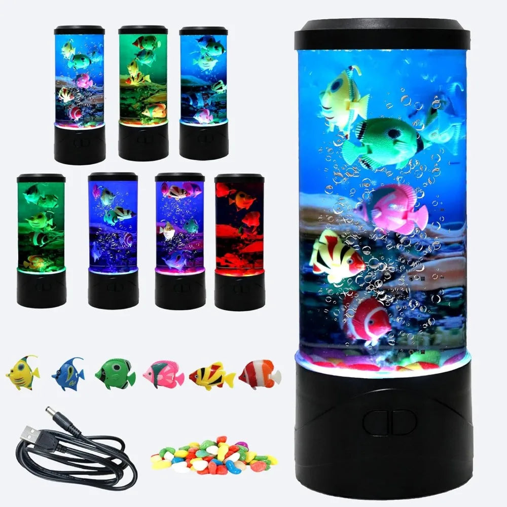 YPCOO Mini Bubble Fish Lamp,Fake Fish Tank Aquarium Lamp,Multi-Color Changing Aquarium Light with 6 Artificial Fish Night Lights