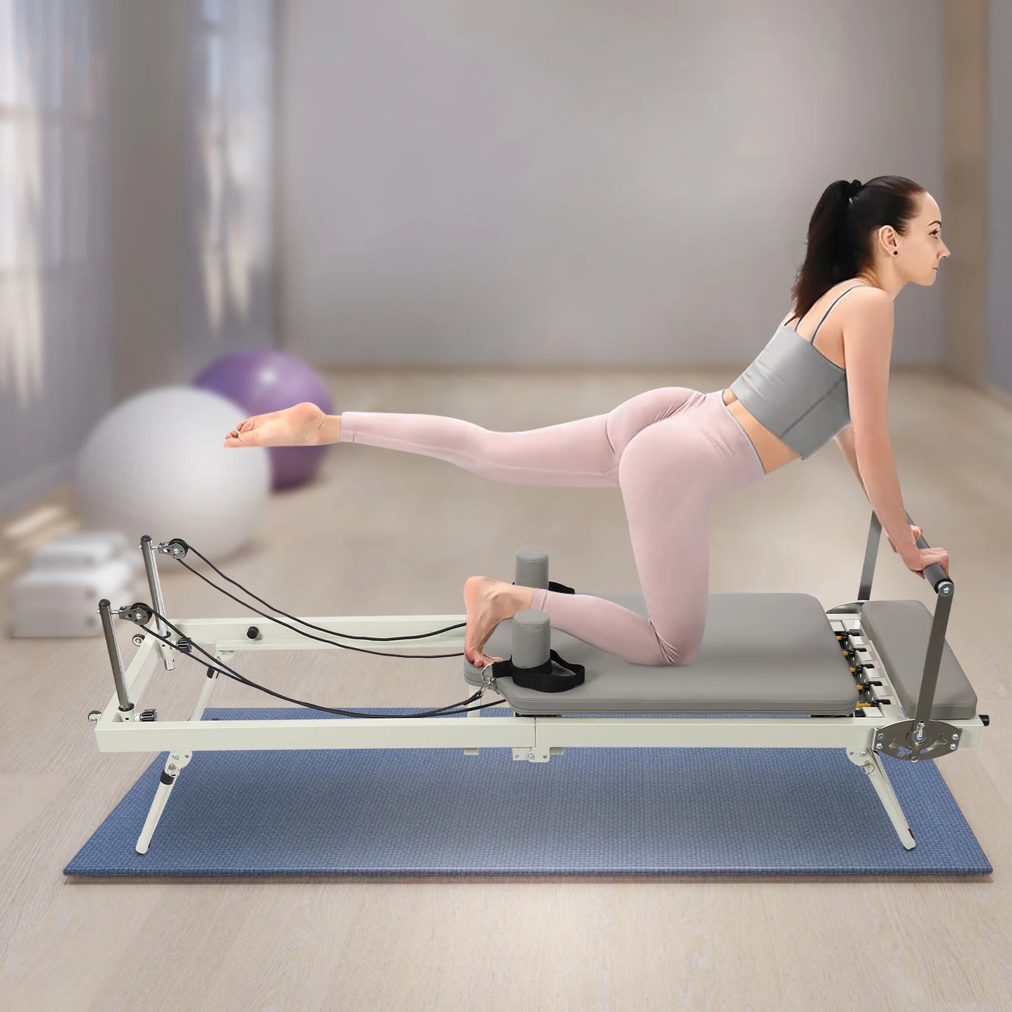 Latex Spring Dual-Purpose Multi-Functional Fitness Yoga Bed Grey 264.55lbs Load 3 Gear Rope 2 Spring 4 Foot Bar Steel Foldable