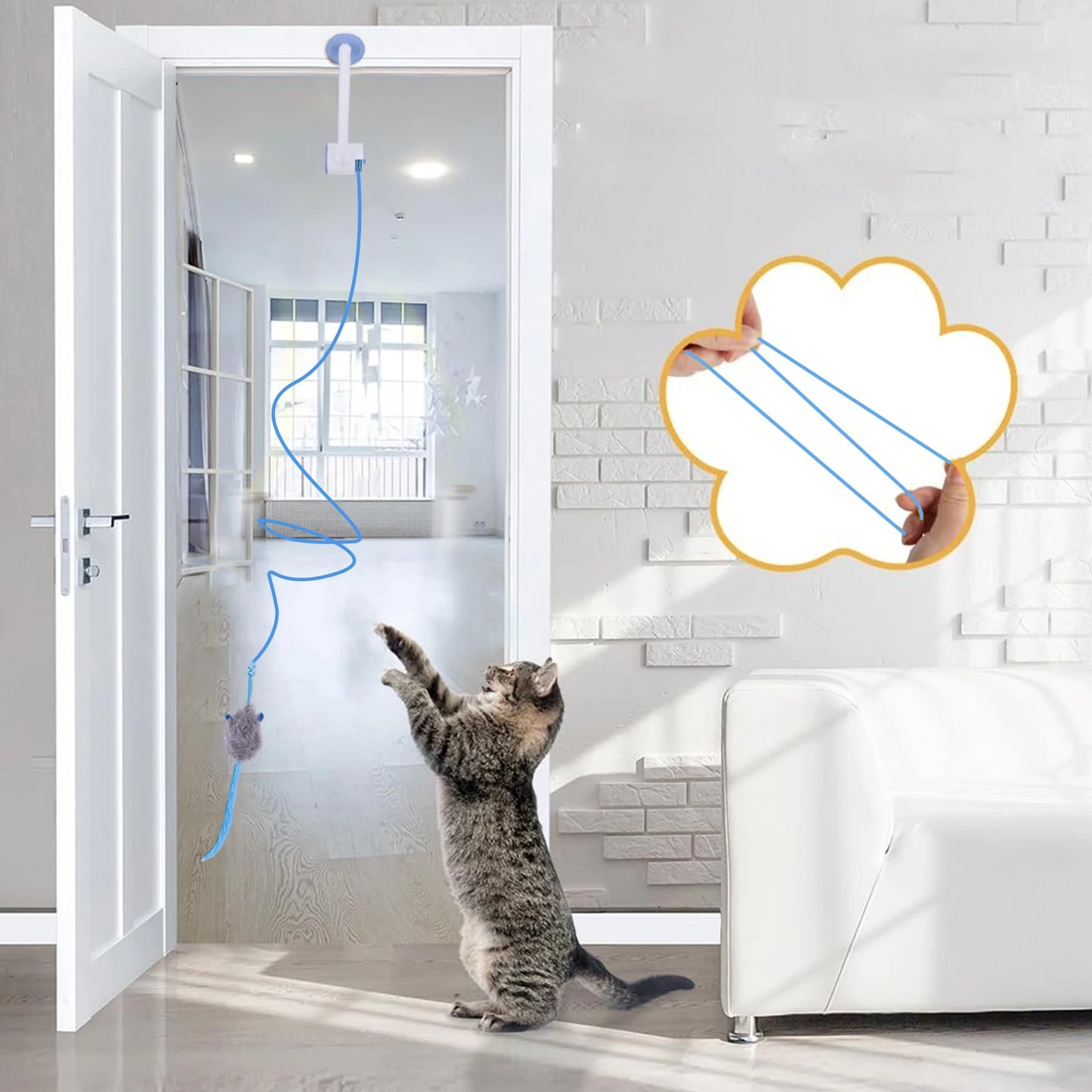Teaser Electronic Self Play Feather Cat String Toy with 3 Catnip Mice Independent Play Hanging Door Cat Toys for Indoor Cats