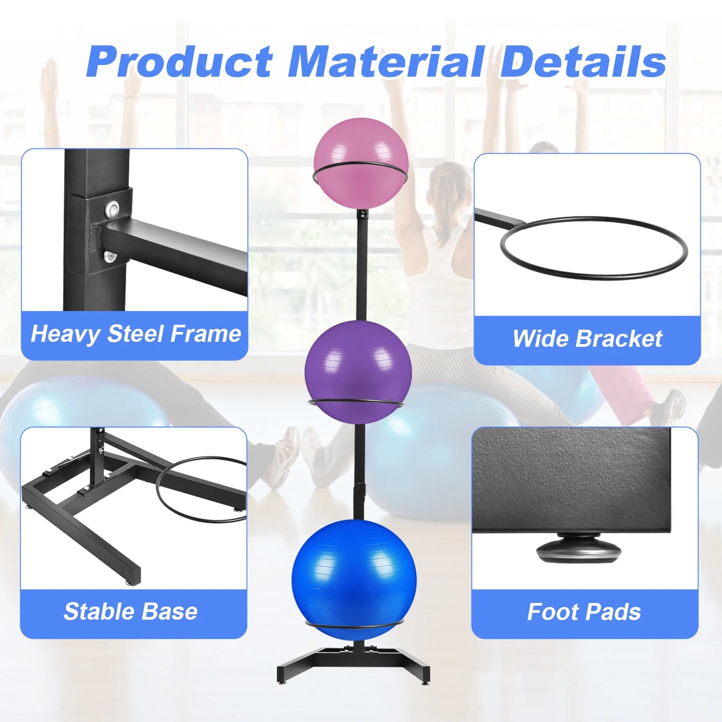Vertical Ball Yoga Ball Holder Rack, Yoga Storage Rack with Steel Frame for Commercial Home