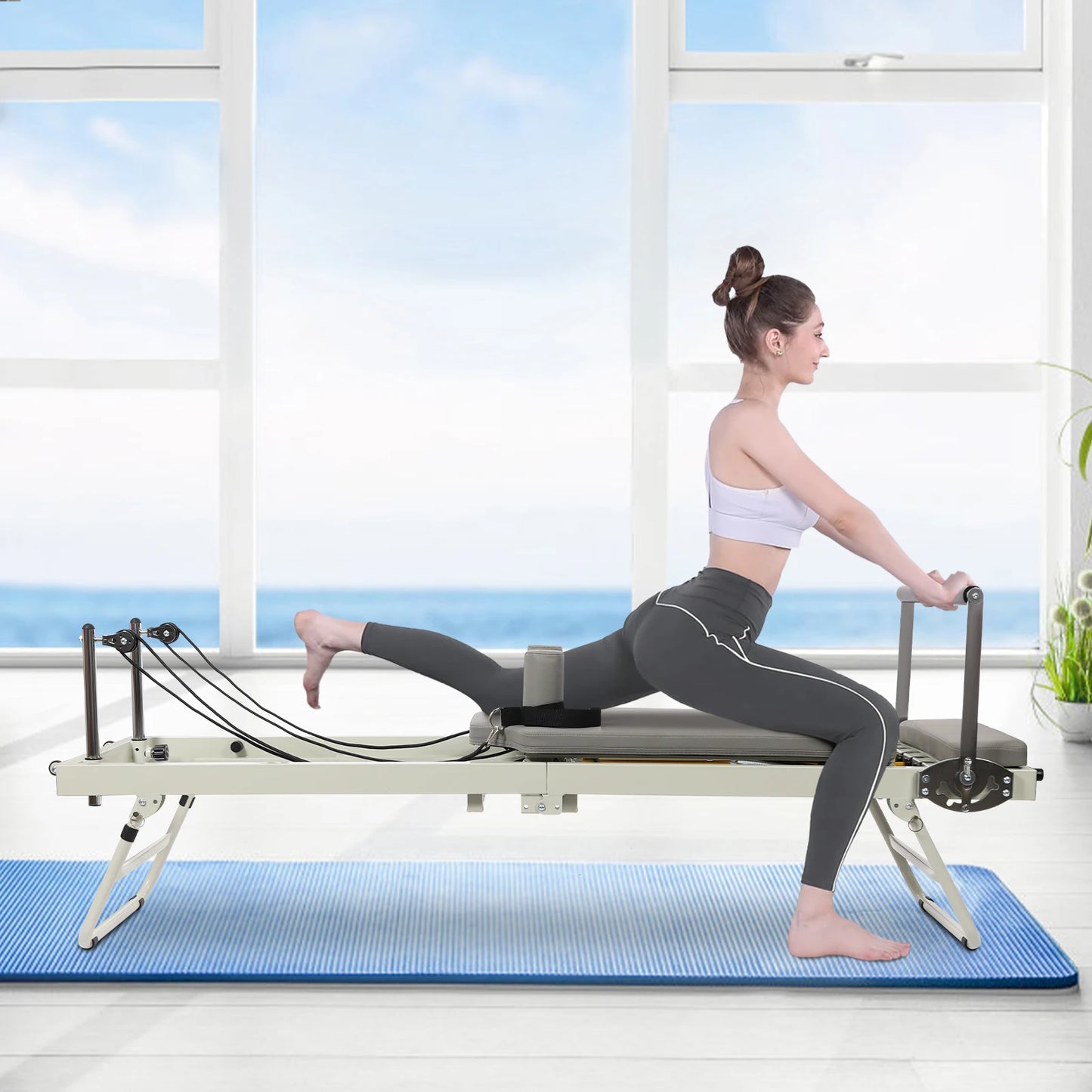 Latex Spring Dual-Purpose Multi-Functional Fitness Yoga Bed Grey 264.55lbs Load 3 Gear Rope 2 Spring 4 Foot Bar Steel Foldable