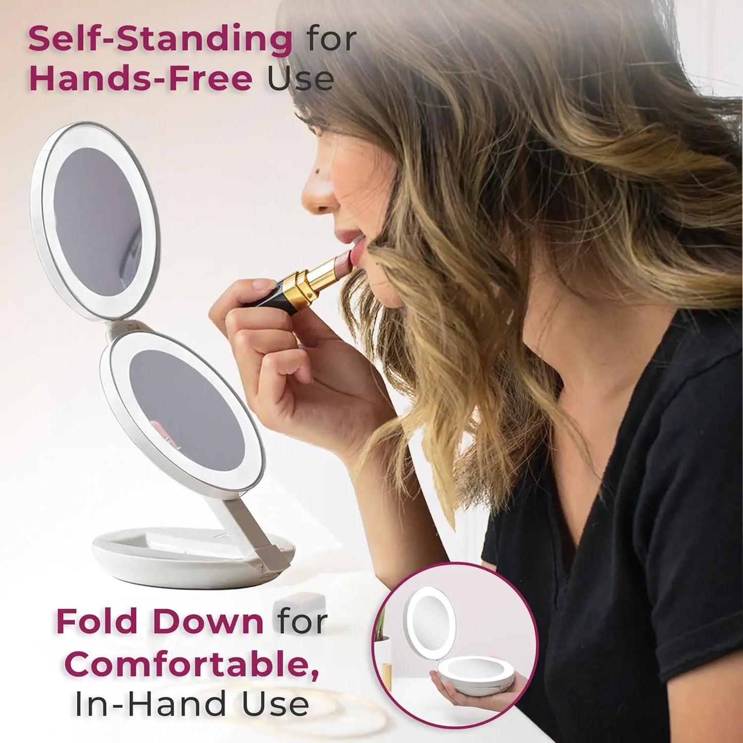 Travel Makeup Mirror with Lights, 10X/1X Dual Magnification, LED Lighted Folding Design, Battery Operated Portable Mirror