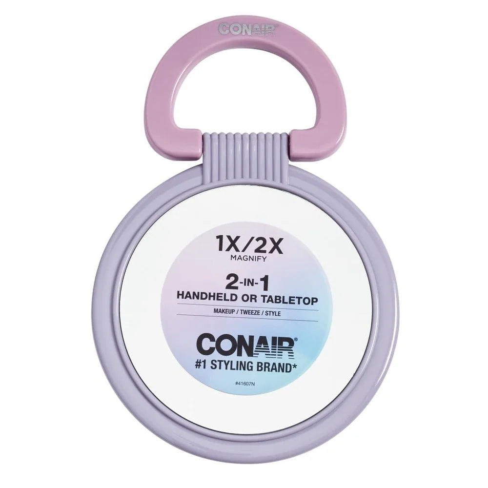 2-in-1 Handheld Tabletop Mirror Standard View 2x Magnification Adjustable Makeup Tweezing Travel Use Multi-color