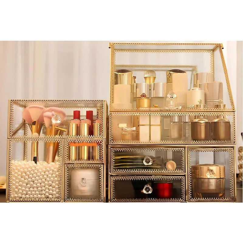 Large Glass Makeup Organizer Drawer Set Beauty Storage Bathroom Counter Organizer Cosmetic Display with Pearl (16in)