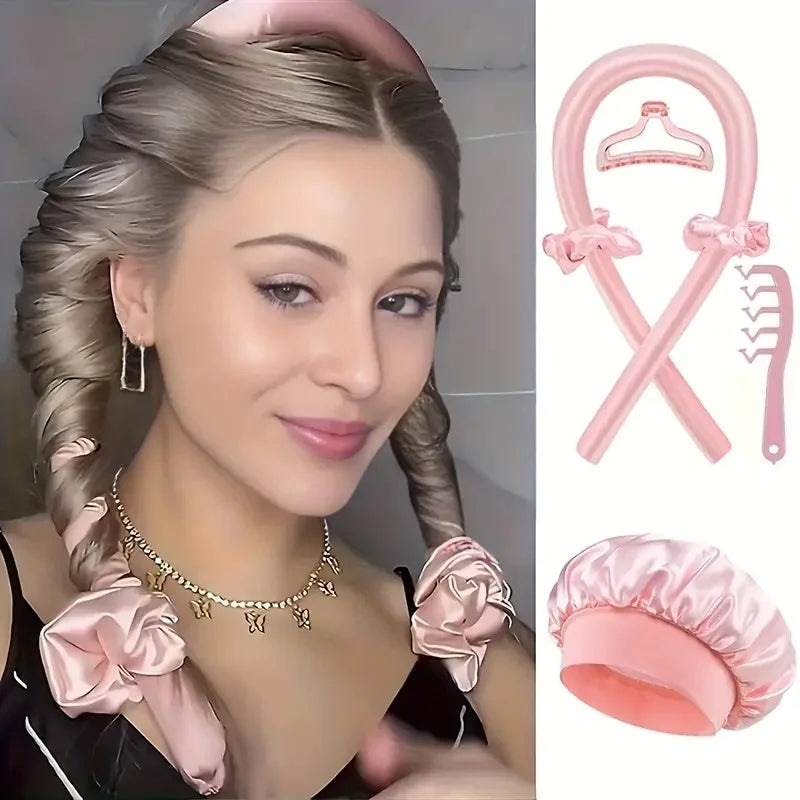 6Pcs Women No Heat Curly Hair Stick Satin Sleep Cap Clip