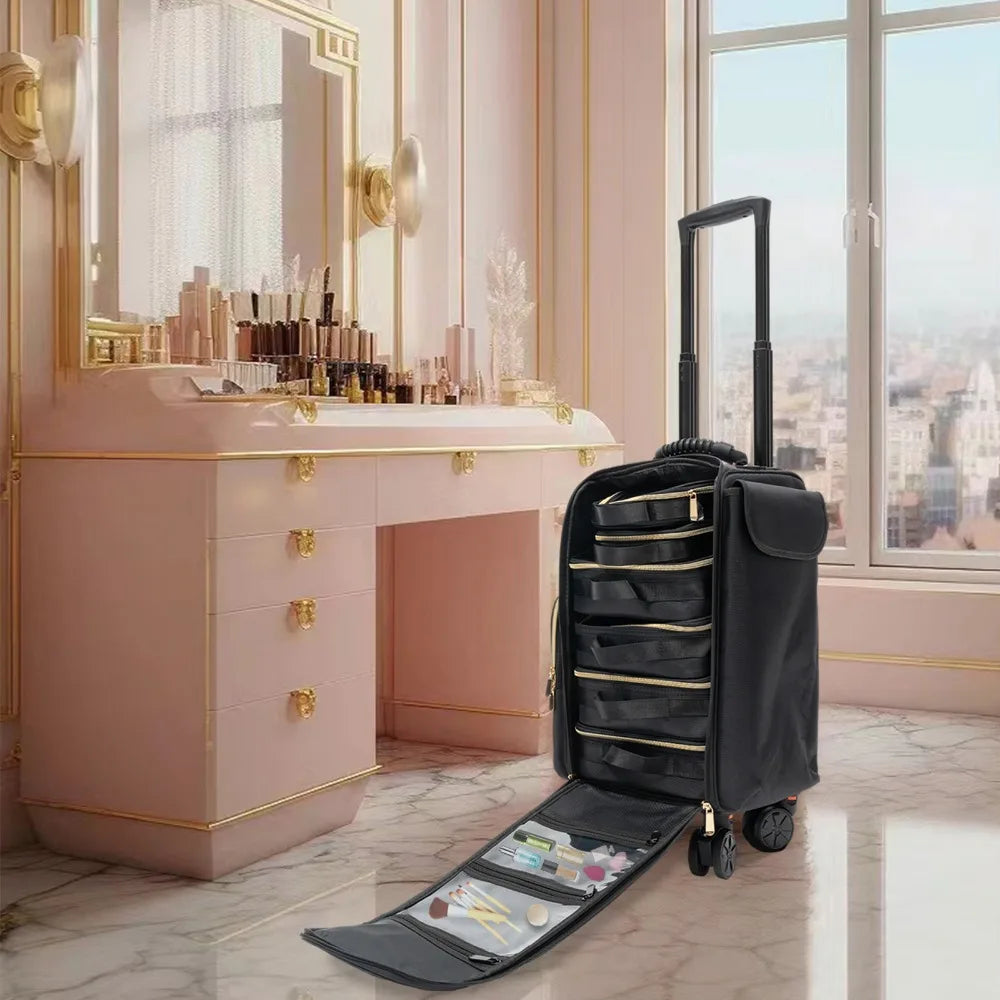 Soft Sided Rolling Makeup Train Case Pro Oxford Fabric Cosmetic Storage Organizer Travel Trolley Suitcase with Universal Wheel