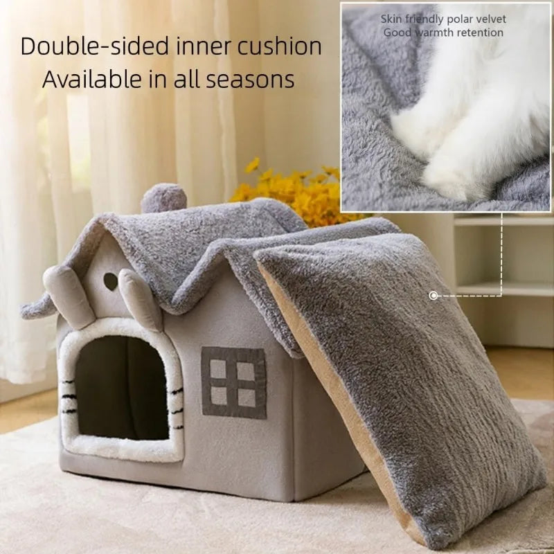 Luxury Double Roof Indoor Dog House Cat Nest Foldable Warm Soft Kennel 30D High Elastic Memory Sponge Removable Grey Velvet