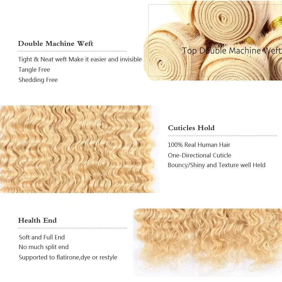 613 Blonde Deep Wave Vietnamese Curly Human Hair Bundles 28 30 32 Inch 1 2 3 Bundle Deals 100% Virgin Remy Hair Weave Extensions