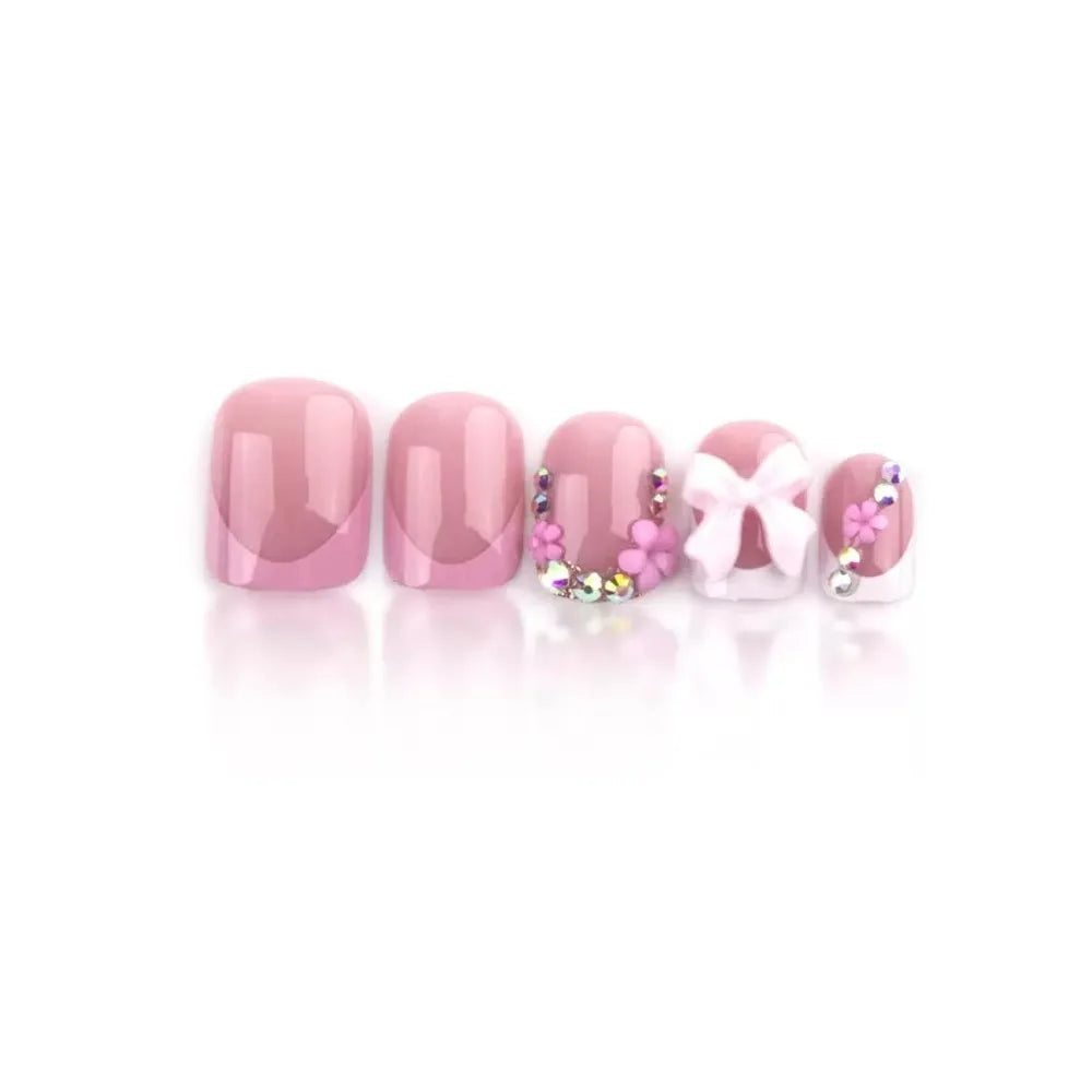 Best - Press on Nails Square Fake Nails Short False with 3D Bow Flower Charms Design Glossy Glue on Nails Full Cover Stick,24Pcs