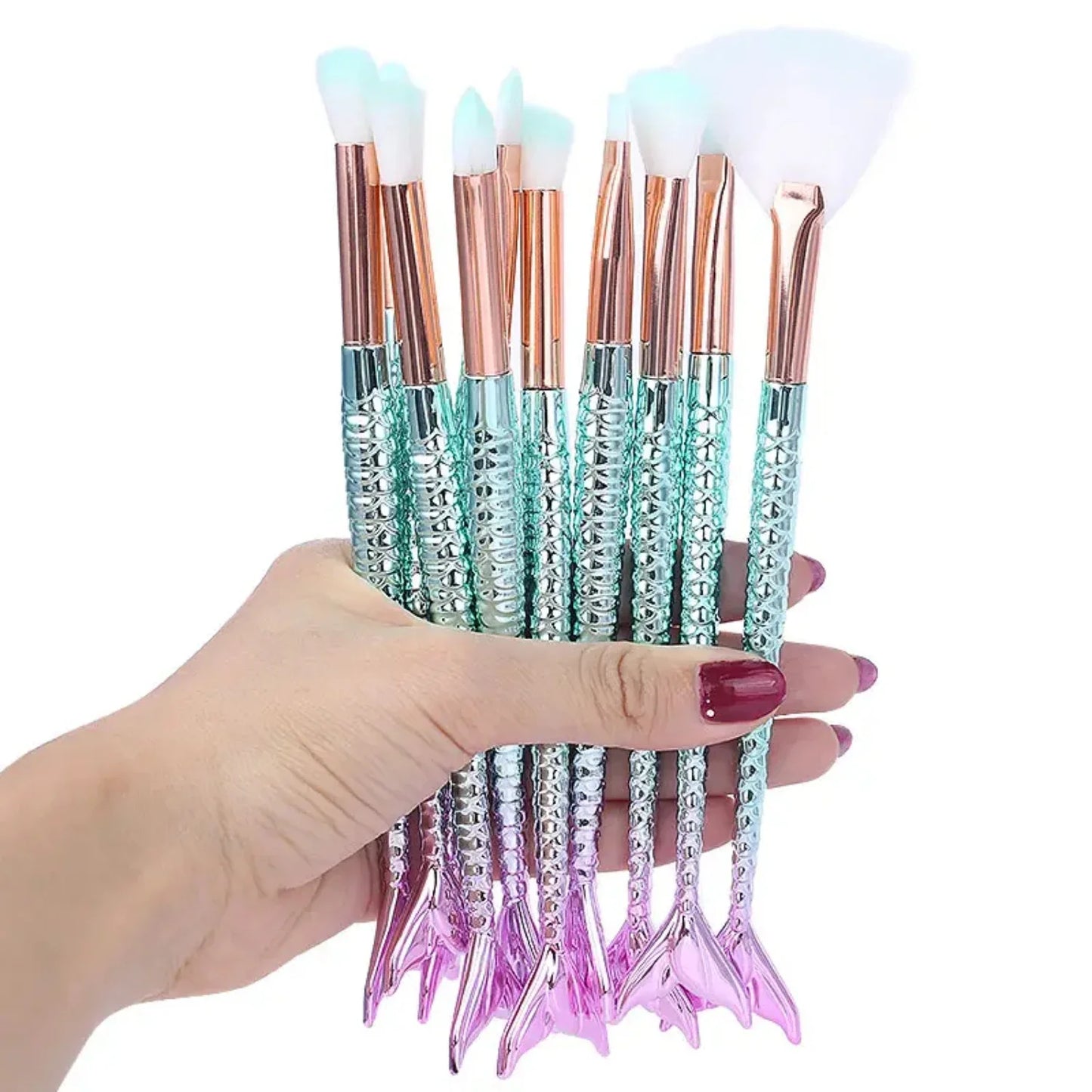 Gorgeous Makeup Brushes 10pcs Set - Essential Tool Kit for Cosmetics, Mermaid Highlighter, Foundation, Face, Eyeshadow, Lip - Pr