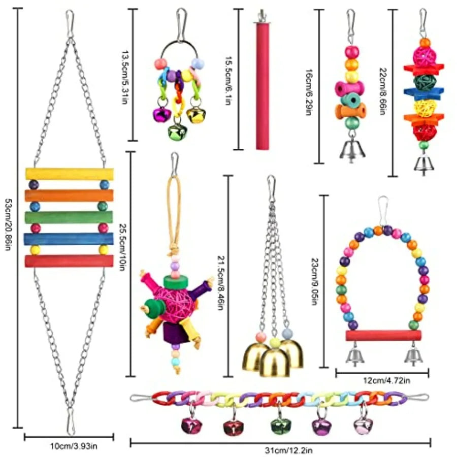 Bird Toys for Conures with Colorful Ladder Hammock Bird Cage Accessories Bird Perch Stand Chewing Toys Hanging Bell for Parrot