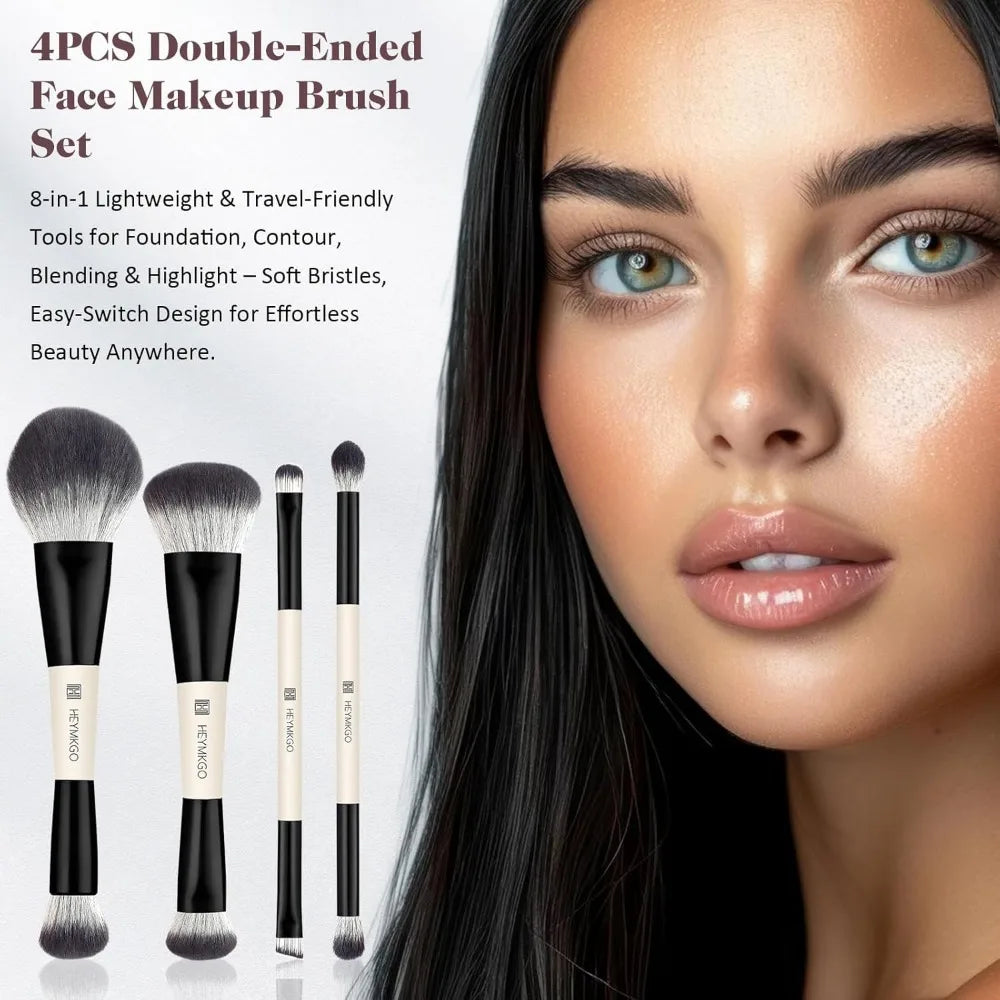 Makeup Brushes Set, 4Pcs Professional Dual-ended Foundation Contour Power Face Eyeshadow Brush set for Liquid,Cream, Powder for
