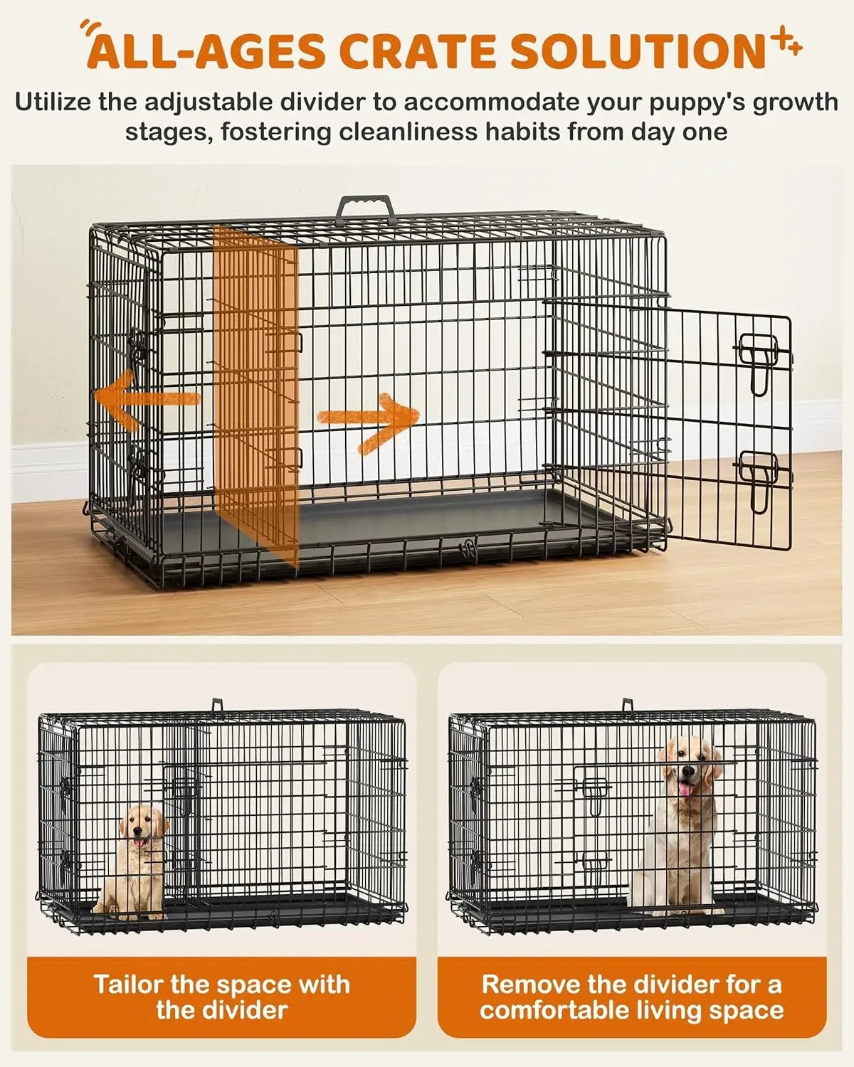 42 inch Dog Crate Double Door Dog Crate w/Divider for Puppy to Adult XL Collapsible Metal Dog Crate with Removable Tray Wire