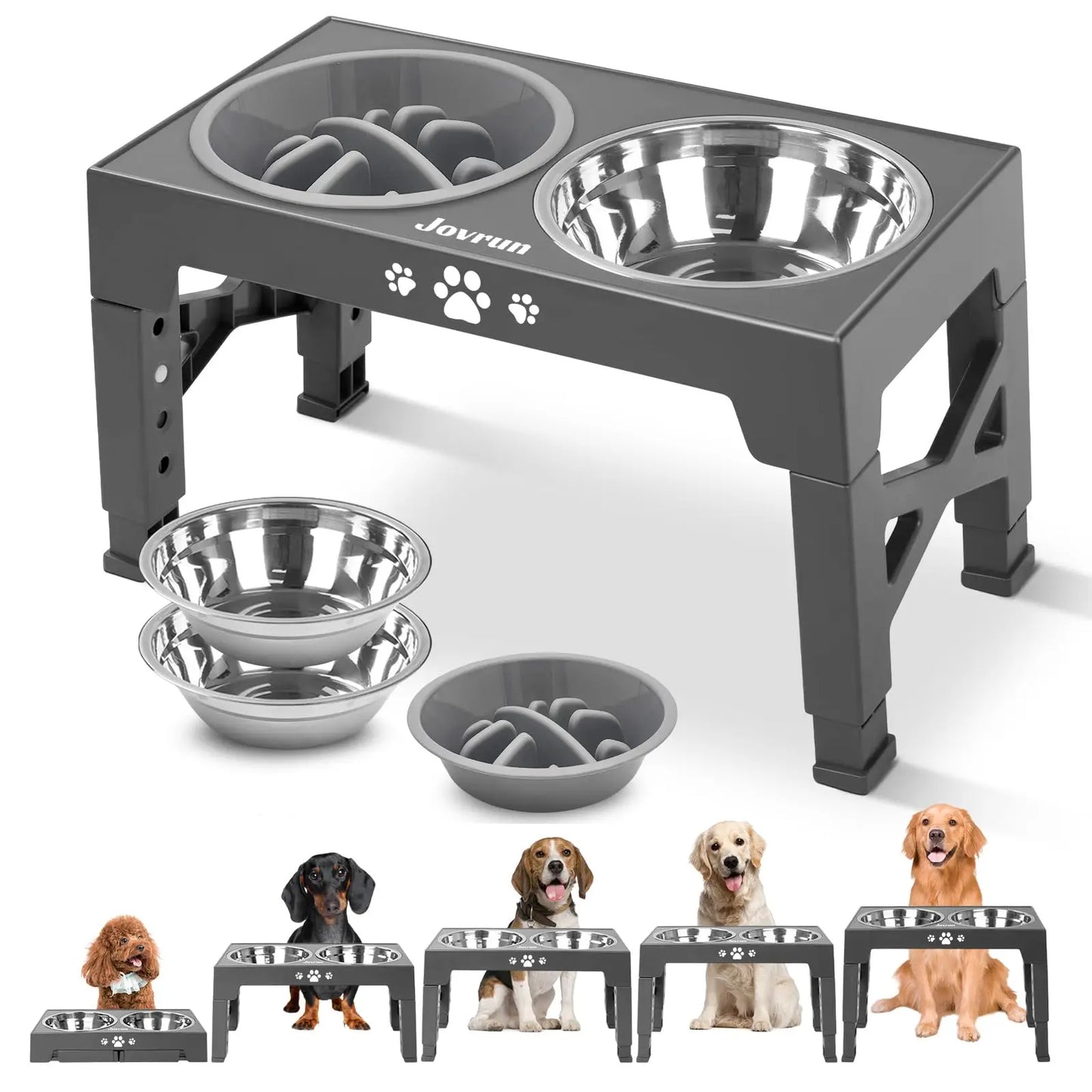 Adjustable Elevated Dog Bowl Stand with Three Stainless Steel Bowls Slow Feeder Non Slip Feet Dishwasher Safe for Medium Large Dogs