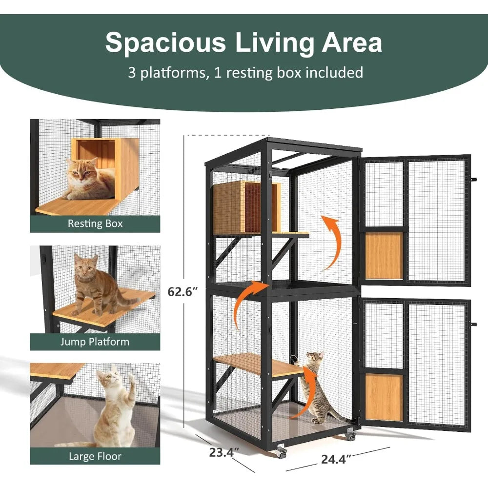 Cat Catio Outdoor Enclosure, 4 Tiers Cat Playen Catio with Wheels, Resting Box, Sunshine Panel Waterproof Roof, Large Pet House