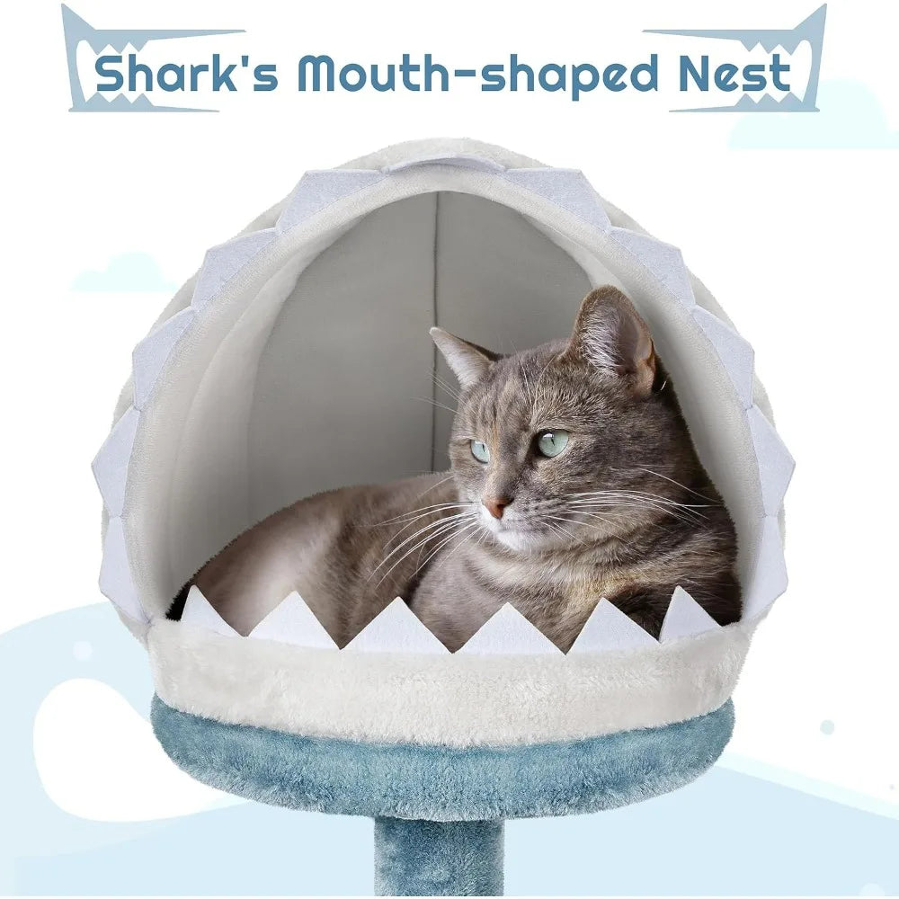 Cat Tree Multi Level Cat Tower Plush Furniture with Shark Mouth Shaped Nest Sea Star Shaped Perch Jellyfish Style Hammock