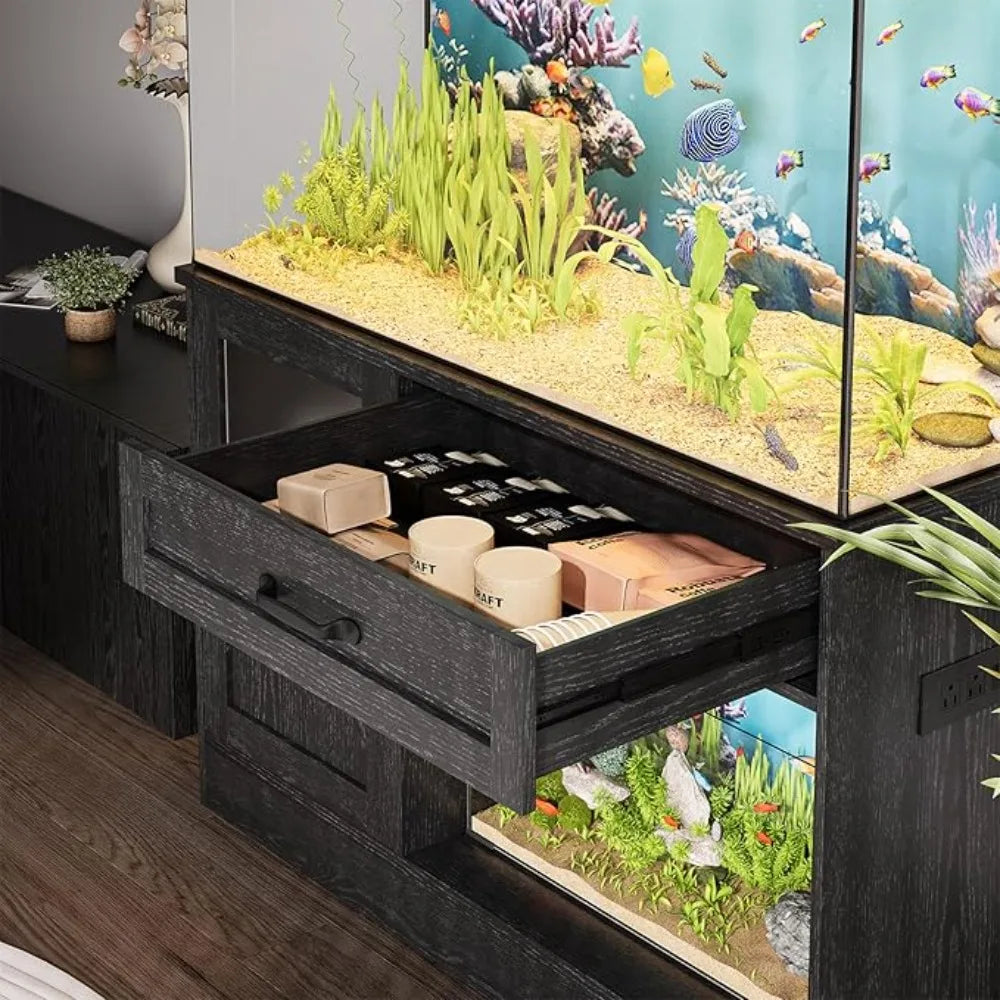 40 Gallon Tank Stand, Wooden Aquarium Stand 40 Gallon Fish Tank Stand with Drawer, Reptile Tank Stand with Power Strip and LED