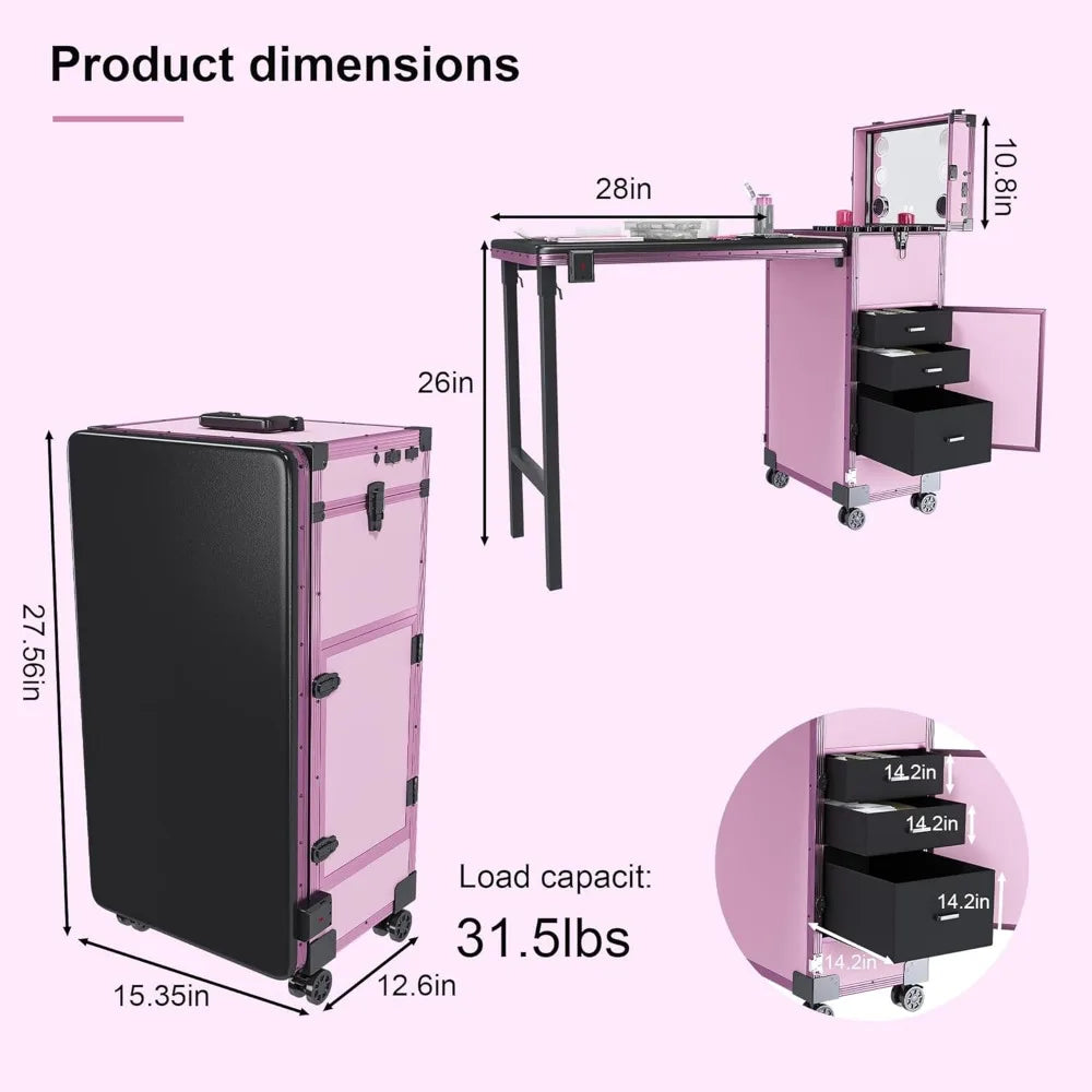 Portable Rolling Manicure Table w/Telescopic Rod, Mobile Makeup Case Foldable Nail Desk Cosmetology Case with Wheels, 3 Lockable