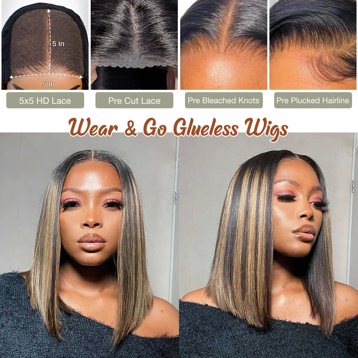 Glueless Bob Wig Human Hair Pre Plucked 5x5 Lace Front