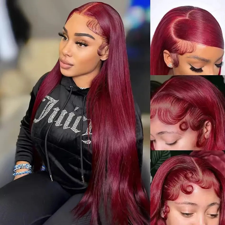 38 Inch 99j Burgundy Lace Front Human Hair Wig 13x6 Bone Straight Hd Lace Frontal Wig 180 Density Colored Pre Plucked Lace Wig
