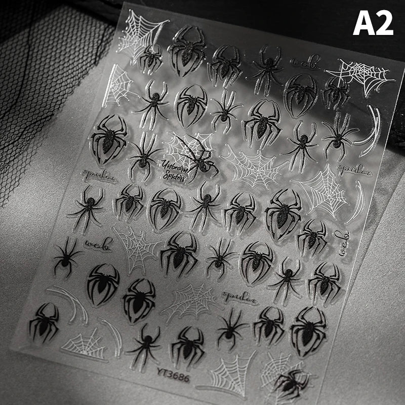 5D Relief Halloween Spider Nails Sticker Black Spiders Cobweb Embossed DIY Manicure Decals