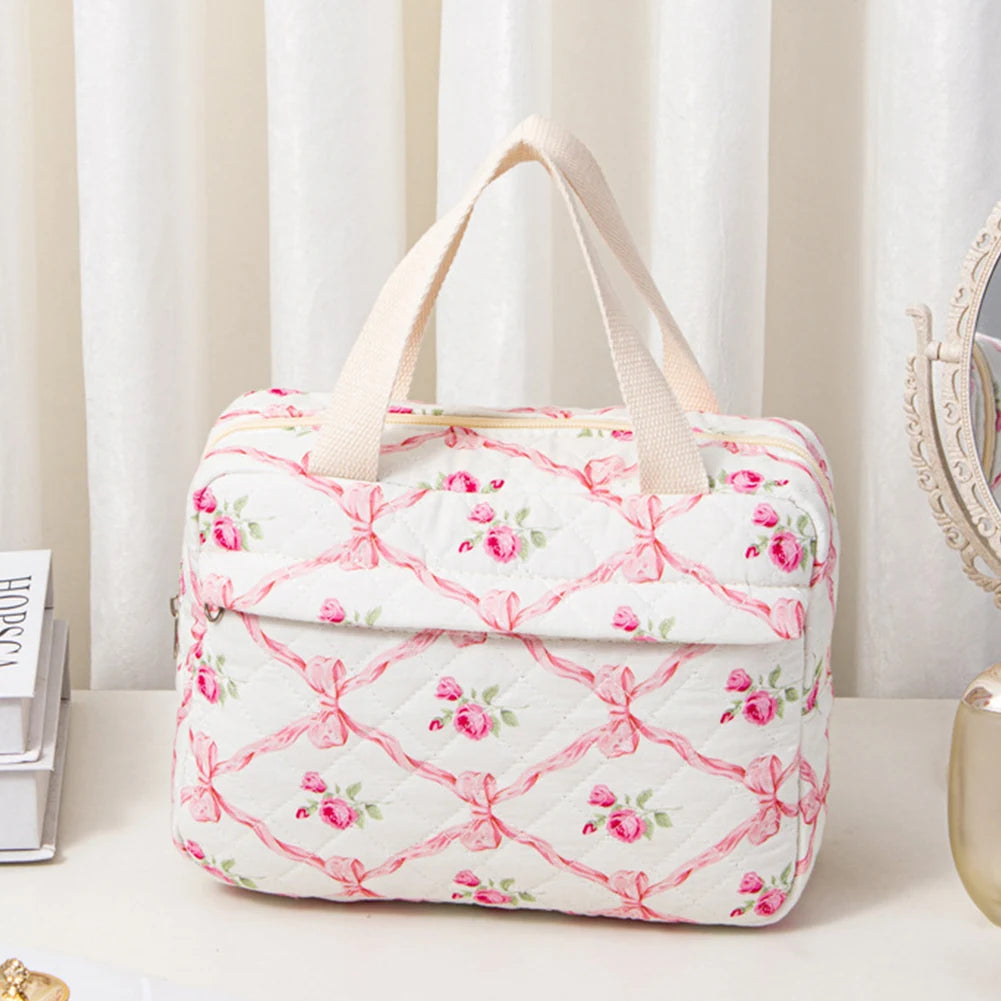 Cotton Quilted Cosmetic Bag Floral Travel Toiletry Organizer