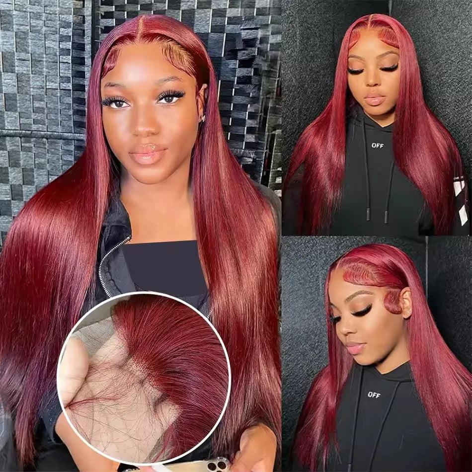 38 Inch 99j Burgundy Lace Front Human Hair Wig 13x6 Bone Straight Hd Lace Frontal Wig 180 Density Colored Pre Plucked Lace Wig
